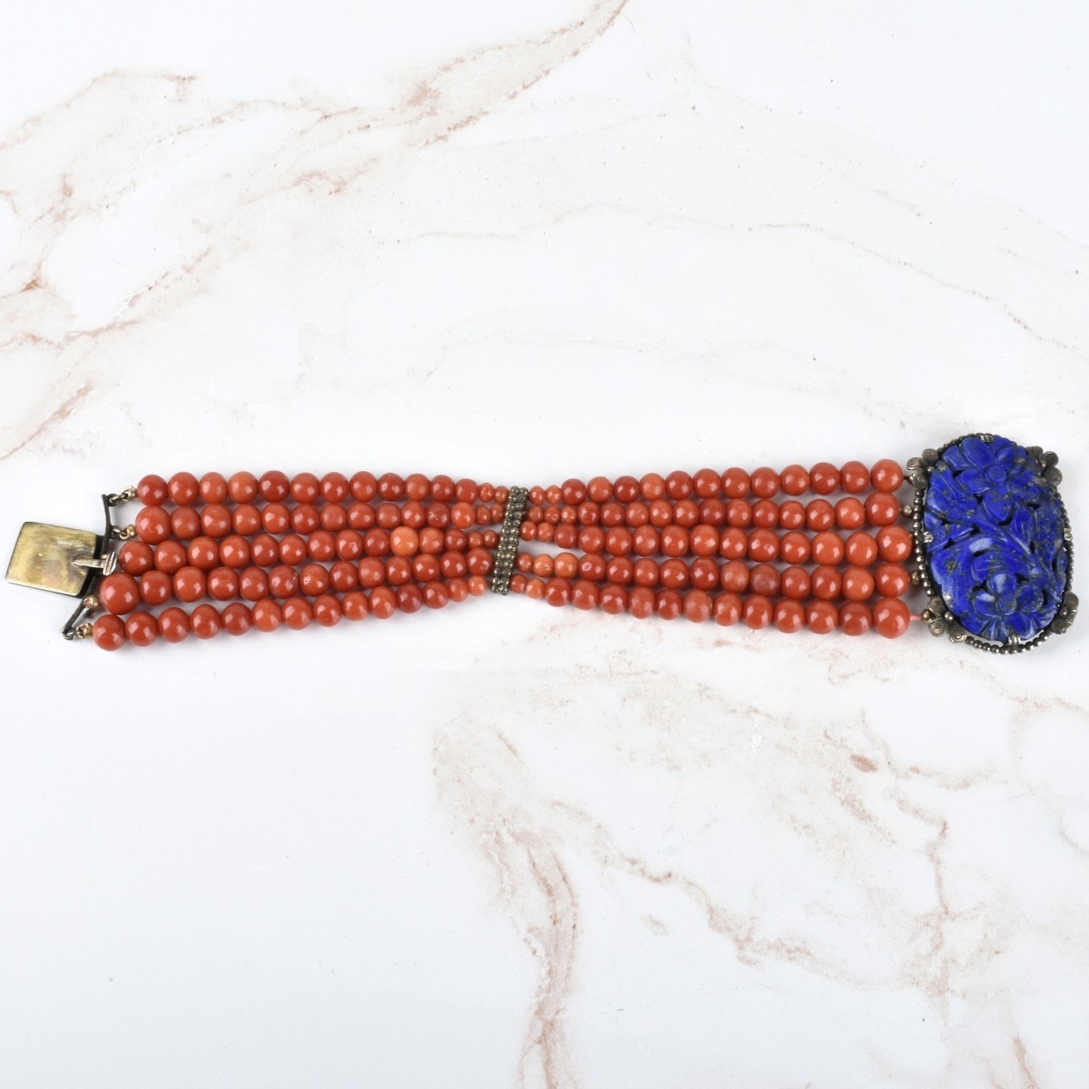 Red Coral, Lapis and Silver Bracelet