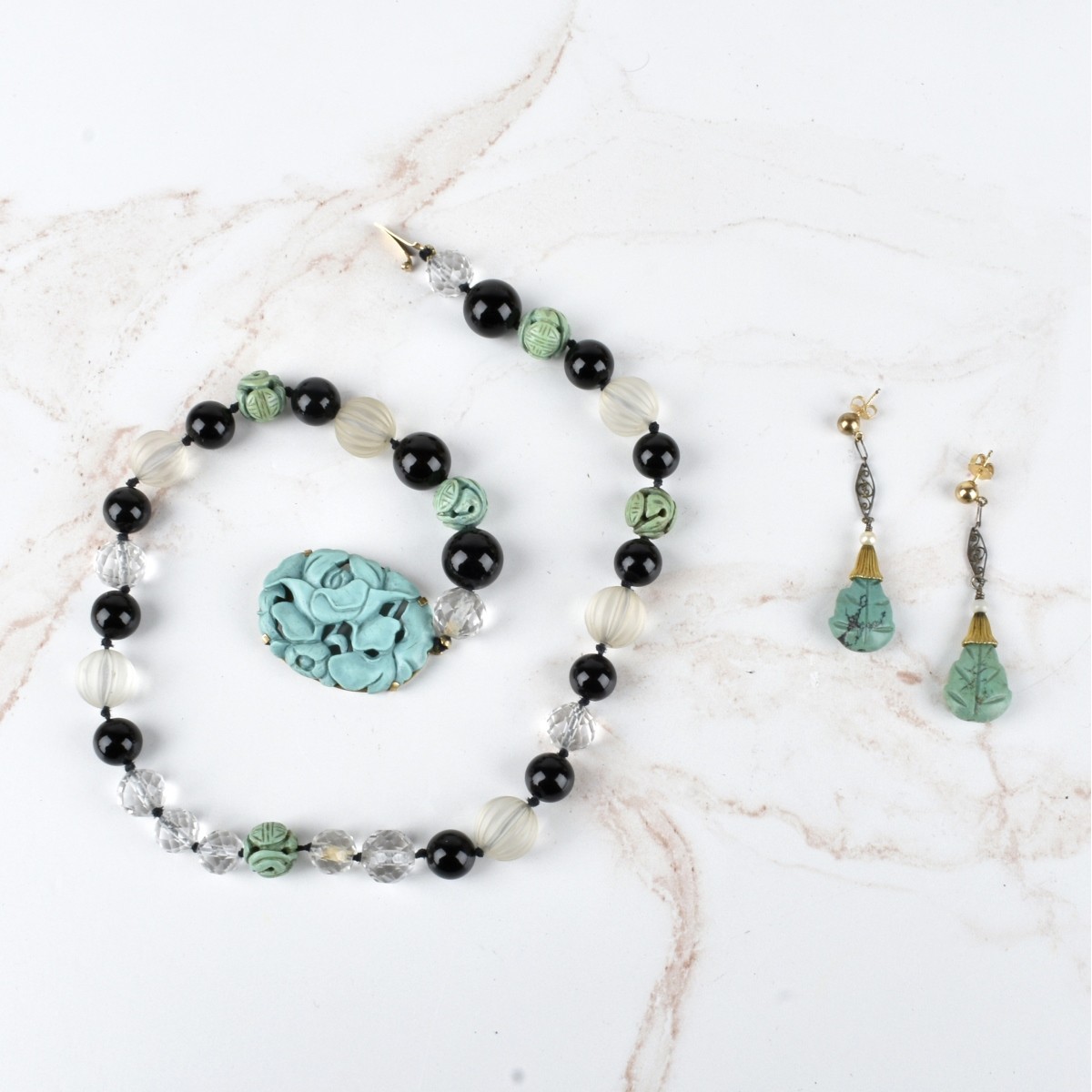 Turquoise, Onyx and Crystal Necklace and Earrings