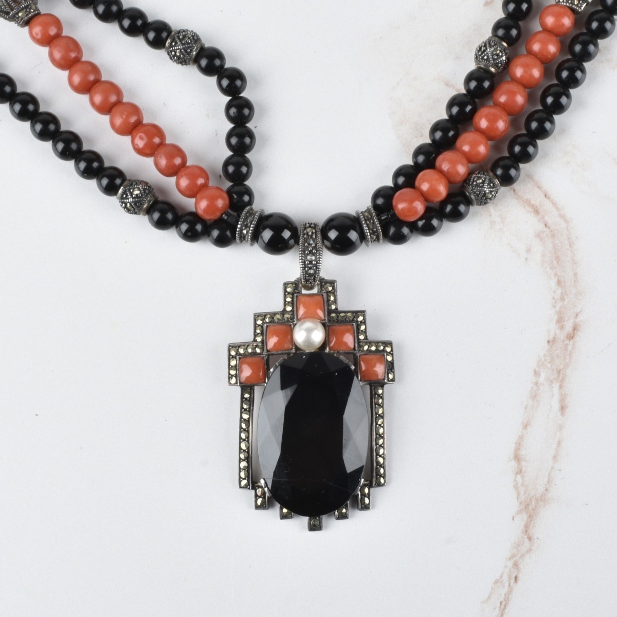Deco Coral, Onyx and Silver Pendant Necklace