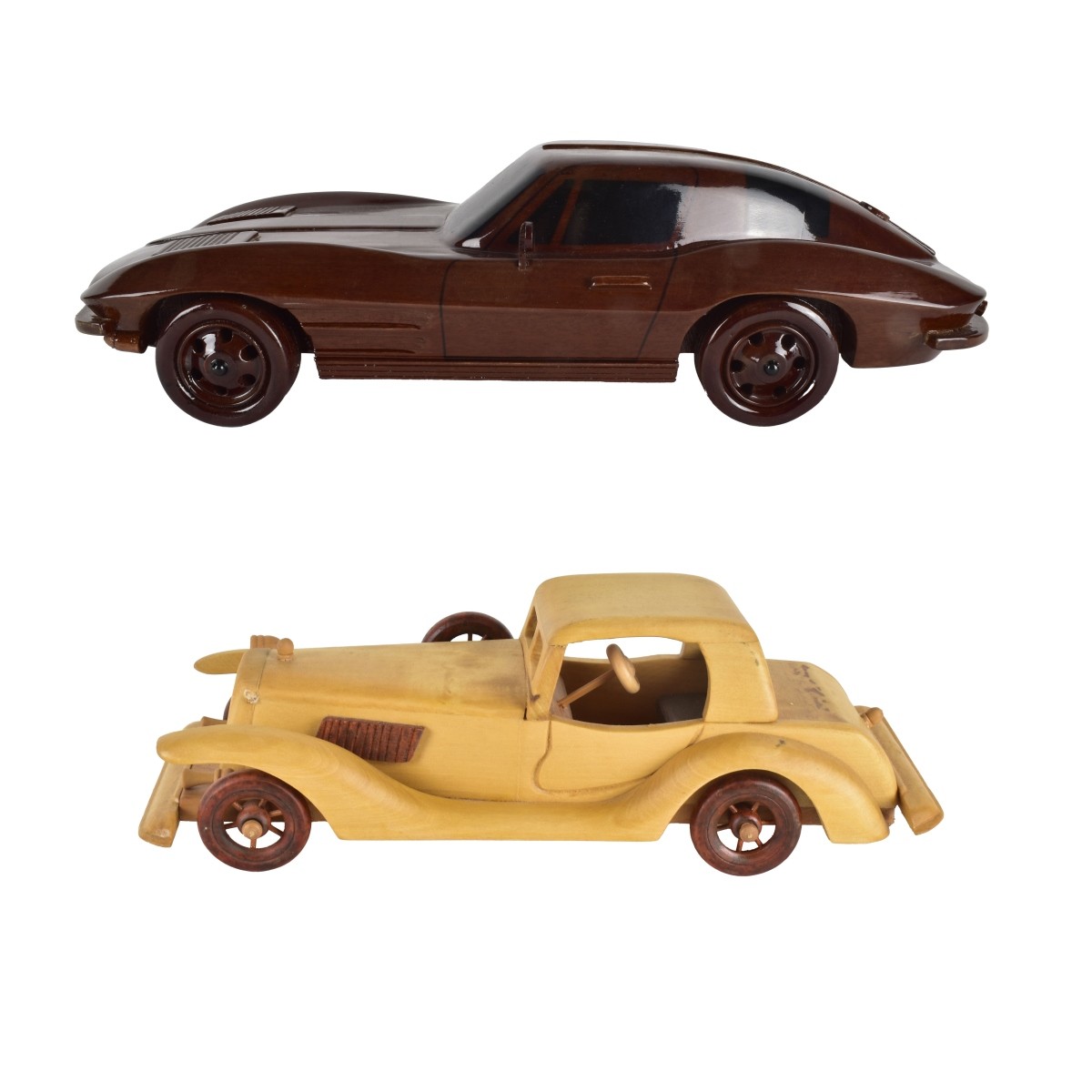 Two Wood Hand Carved Cars