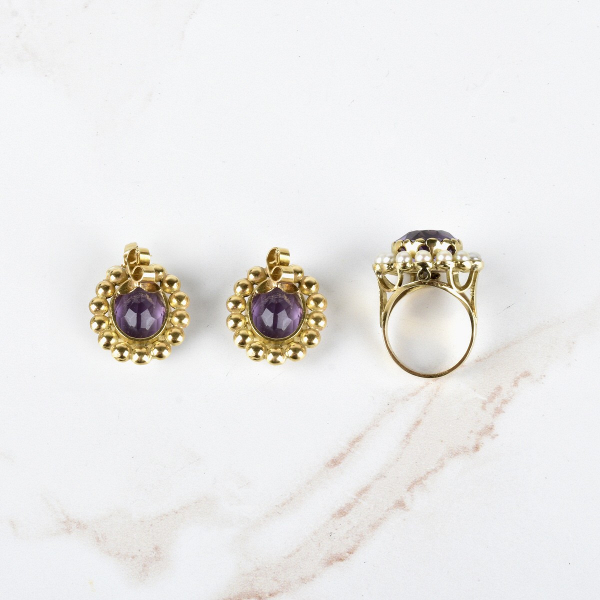 Amethyst, Pearl and 18K Ring and Earrings
