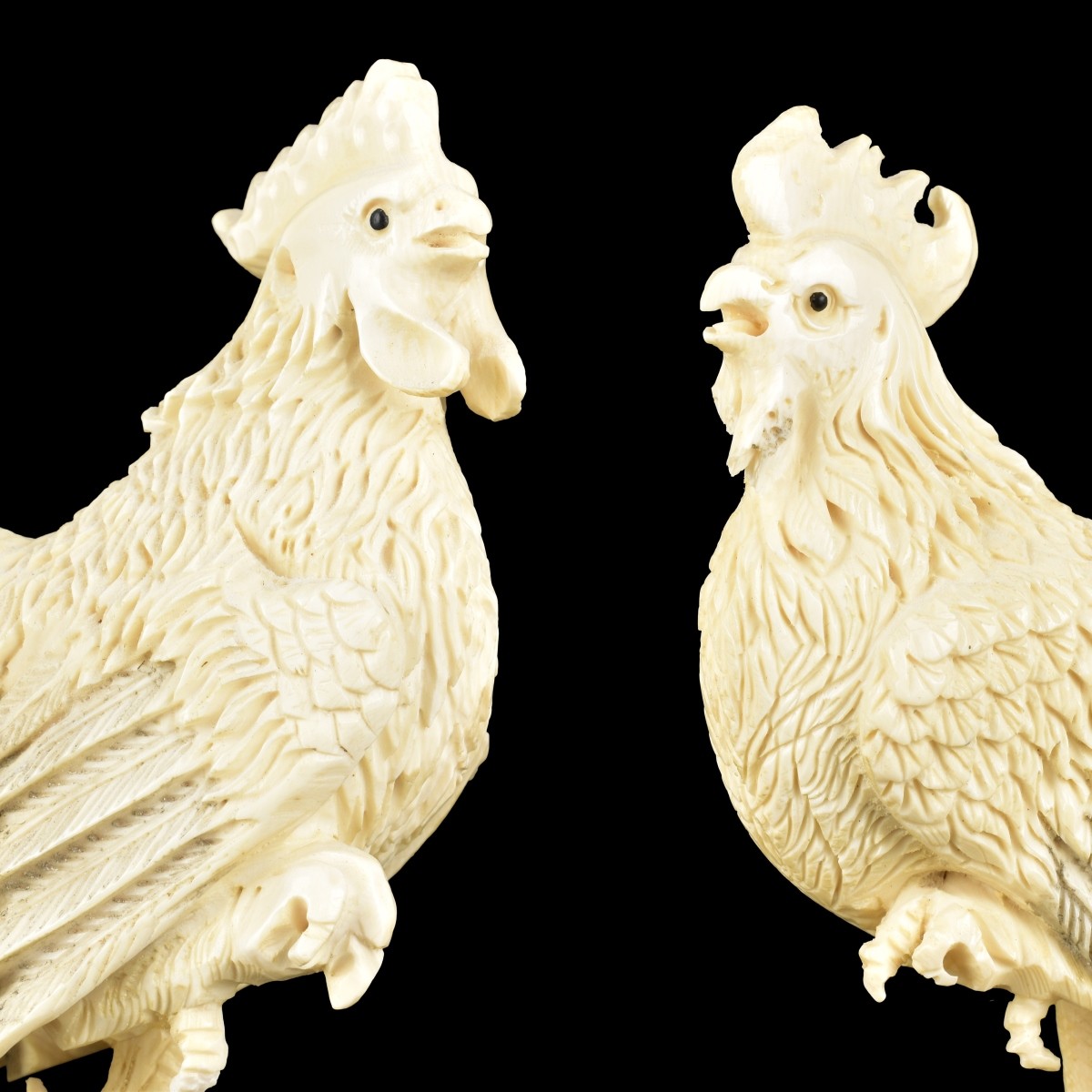 Pair of Antique Japanese Carved Rooster Figurines