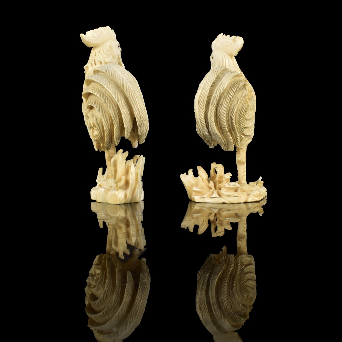 Pair of Antique Japanese Carved Rooster Figurines