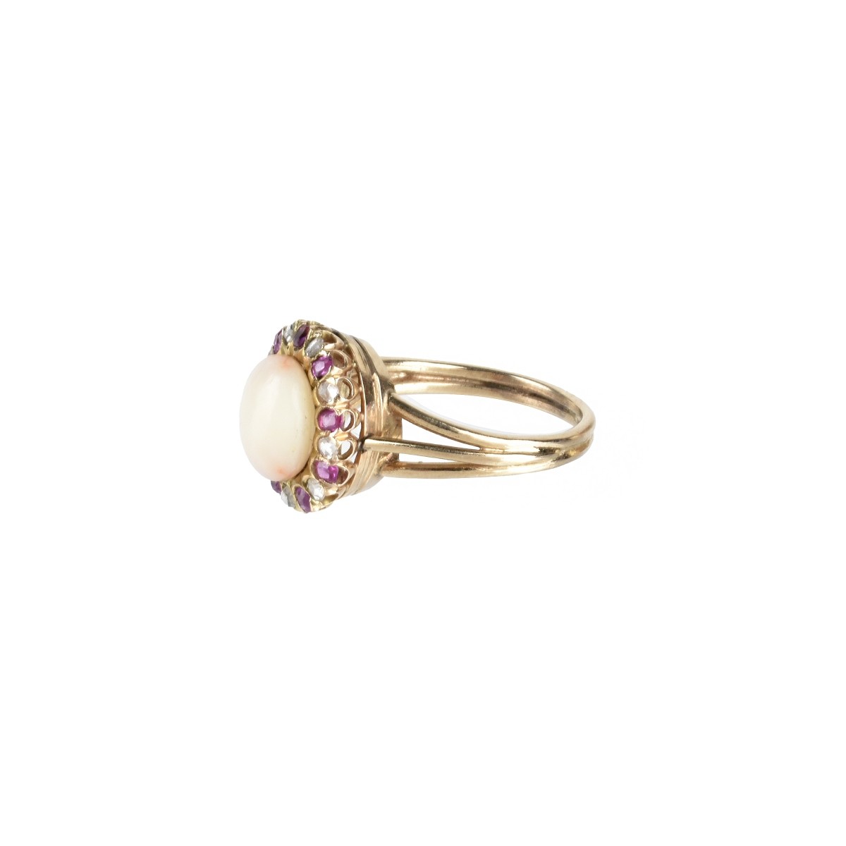 Coral, Ruby, Diamond and 14K Ring