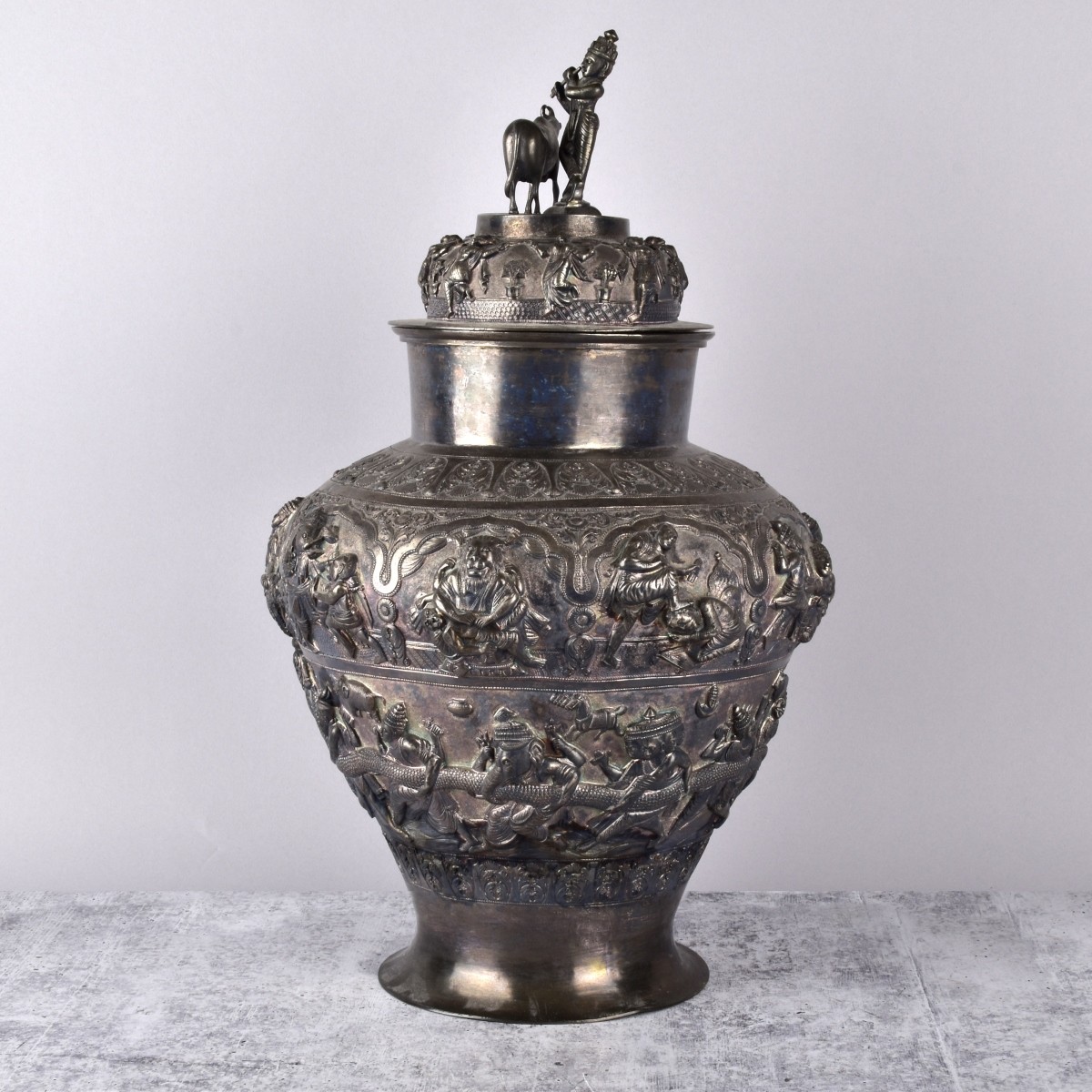 Antique Burmese Silver Covered Vase