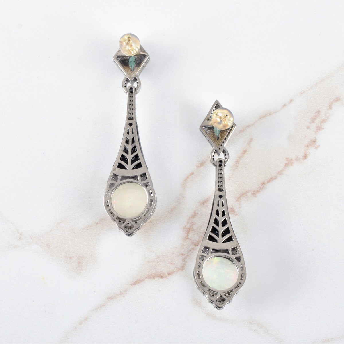 Opal, Diamond, Emerald and Onyx Earrings