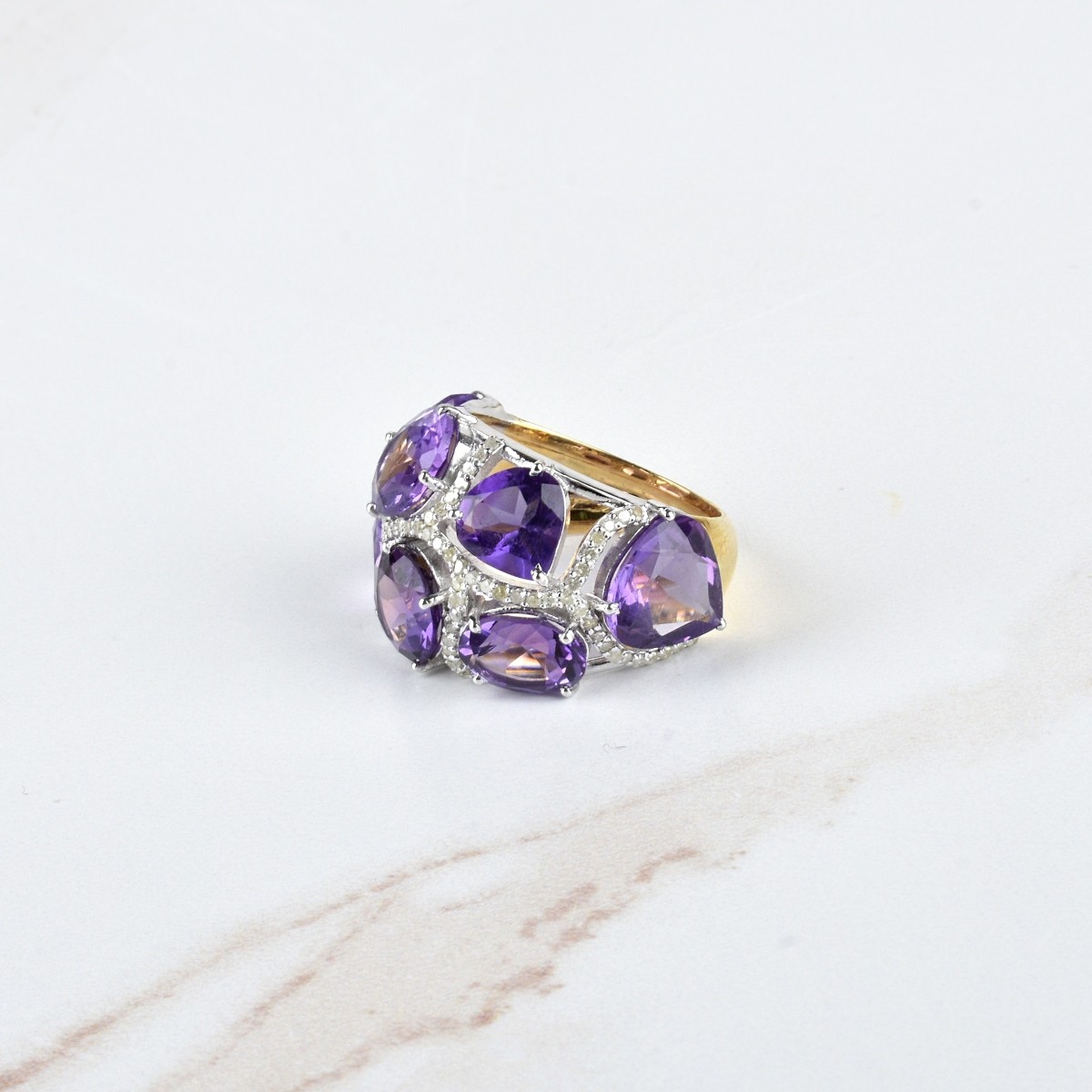 Amethyst, Diamond 14K and Silver Ring
