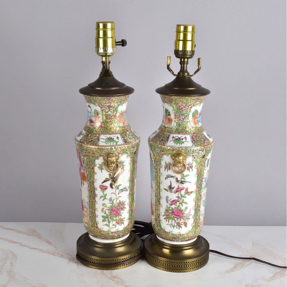 Pair of Chinese Rose Medallion Lamps