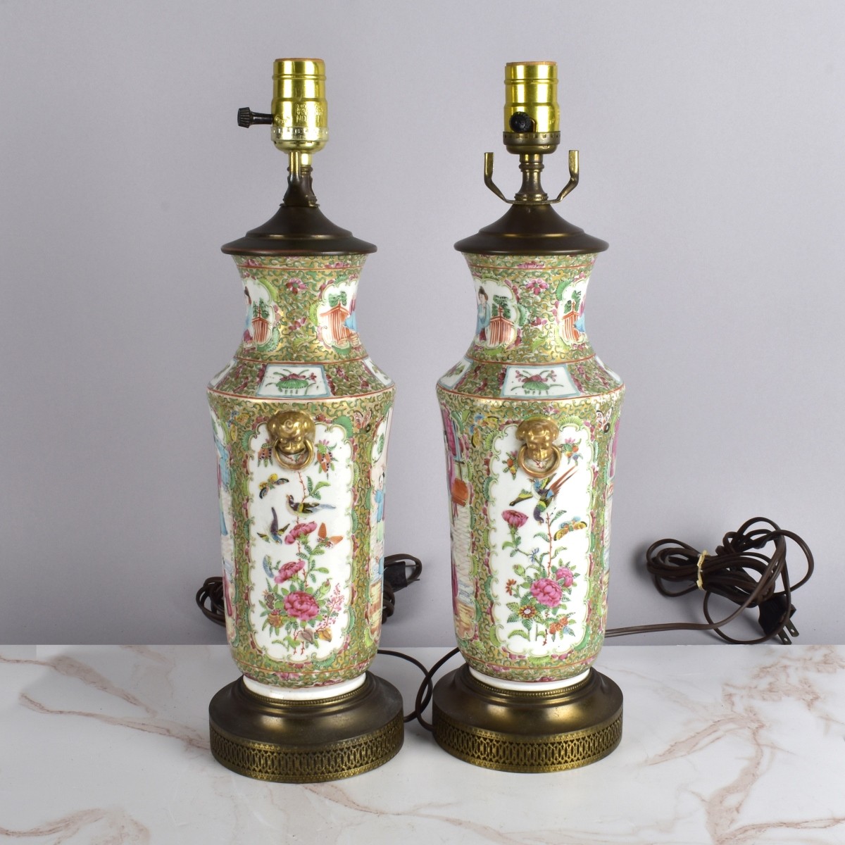 Pair of Chinese Rose Medallion Lamps