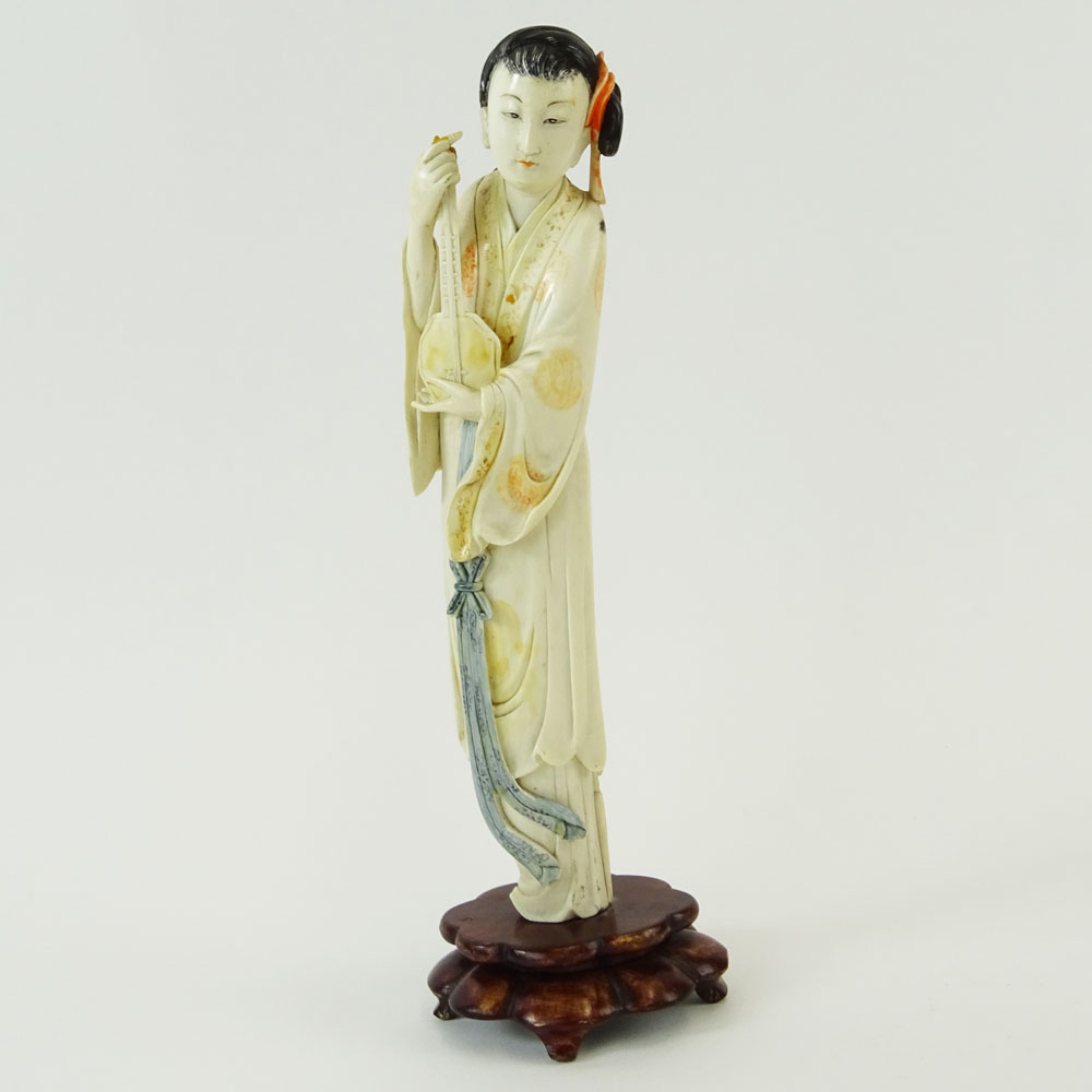 Chinese Carved Polychrome Ivory Maiden Figure on Carved Wood Base. Unsigned