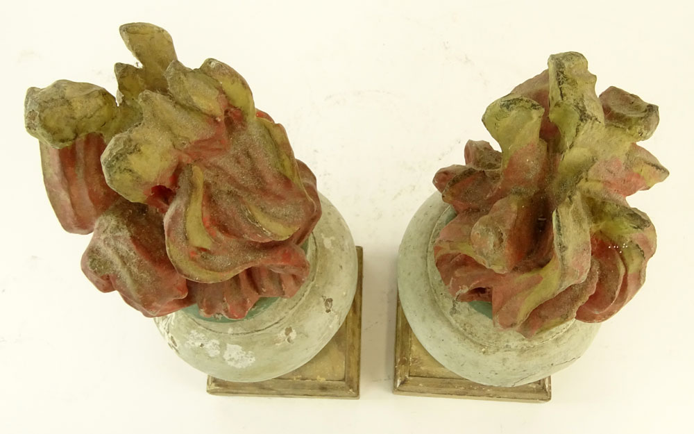 Pair 20th Century Probably Italian Painted Carved Wood Torch Finials.