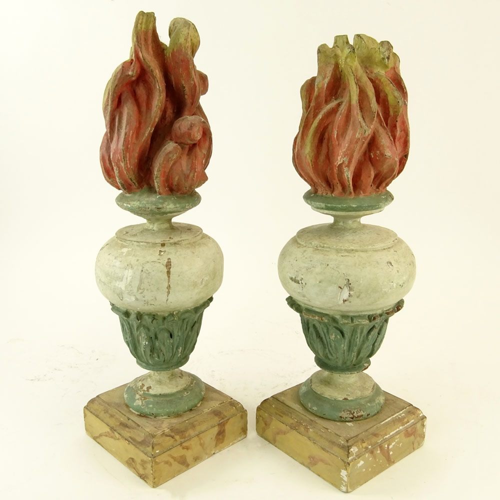 Pair 20th Century Probably Italian Painted Carved Wood Torch Finials.
