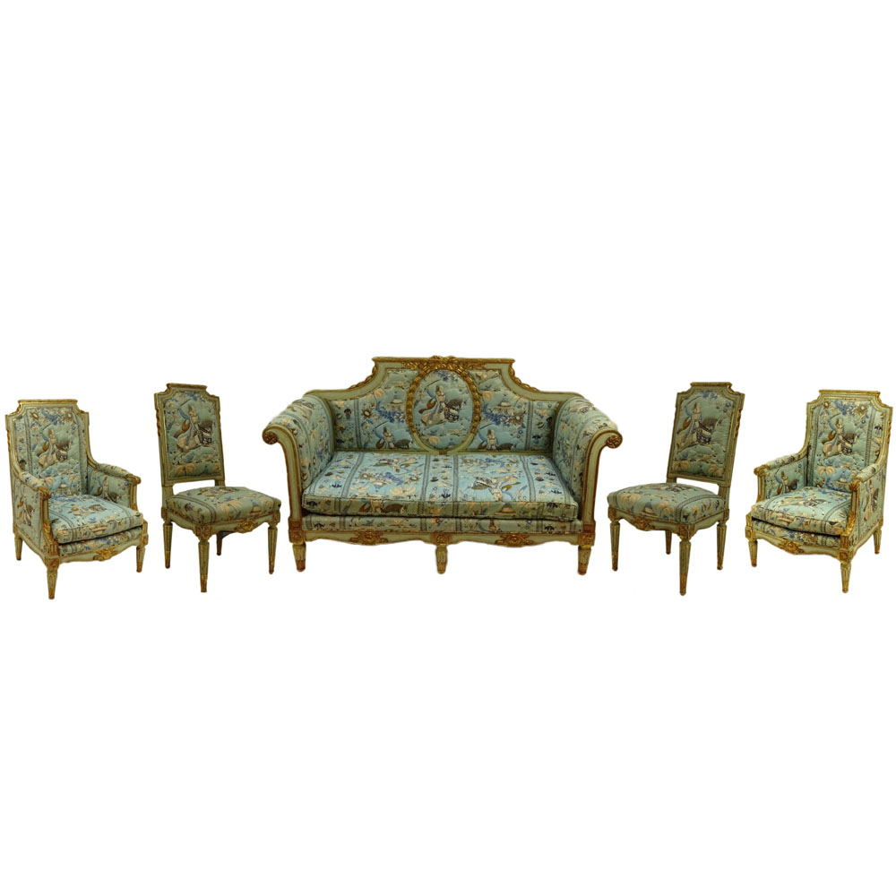 19th Century French Louis XVl Style, carved painted and parcel gilt 5 piece salon set.