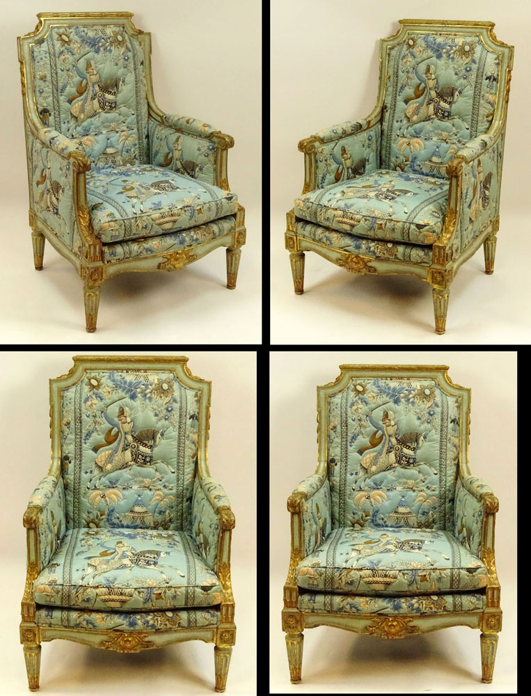 19th Century French Louis XVl Style, carved painted and parcel gilt 5 piece salon set.