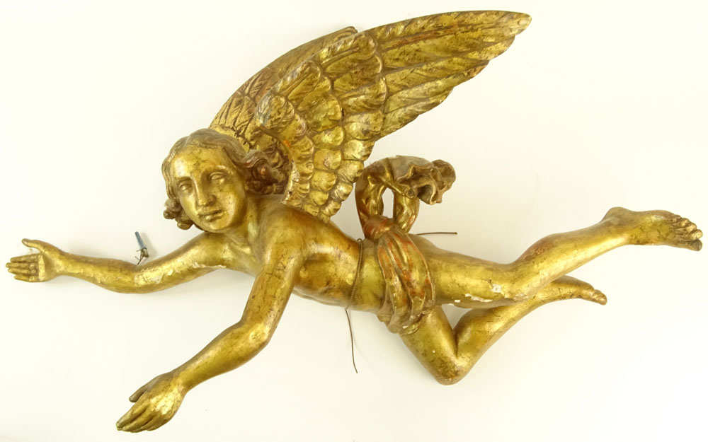 Pair Mid 20th C Century Probably Italian Carved in Gilt Wood Angel Figures.
