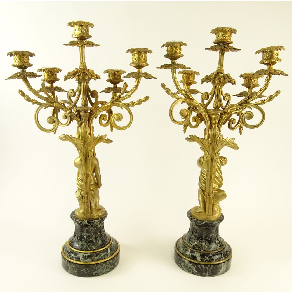 Early 20th Century Gilt Bronze and Serpentine Marble Five Light Candelabra.