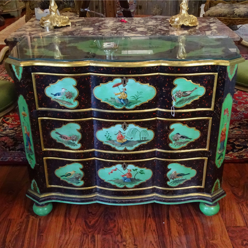 Early 20th Century Chinoiseire style painted three drawer commode with glass top