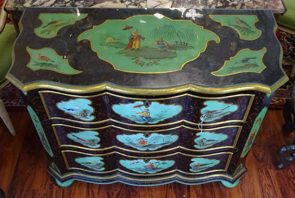 Early 20th Century Chinoiseire style painted three drawer commode with glass top