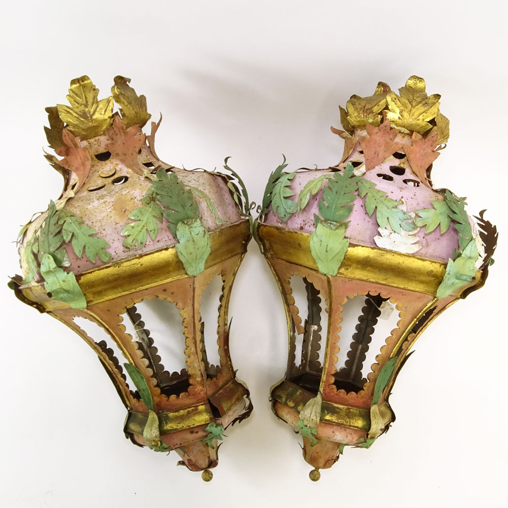 Pair of Early 20th Century Venetian style Painted and Parcel Gilt Tole Hanging Lanterns.