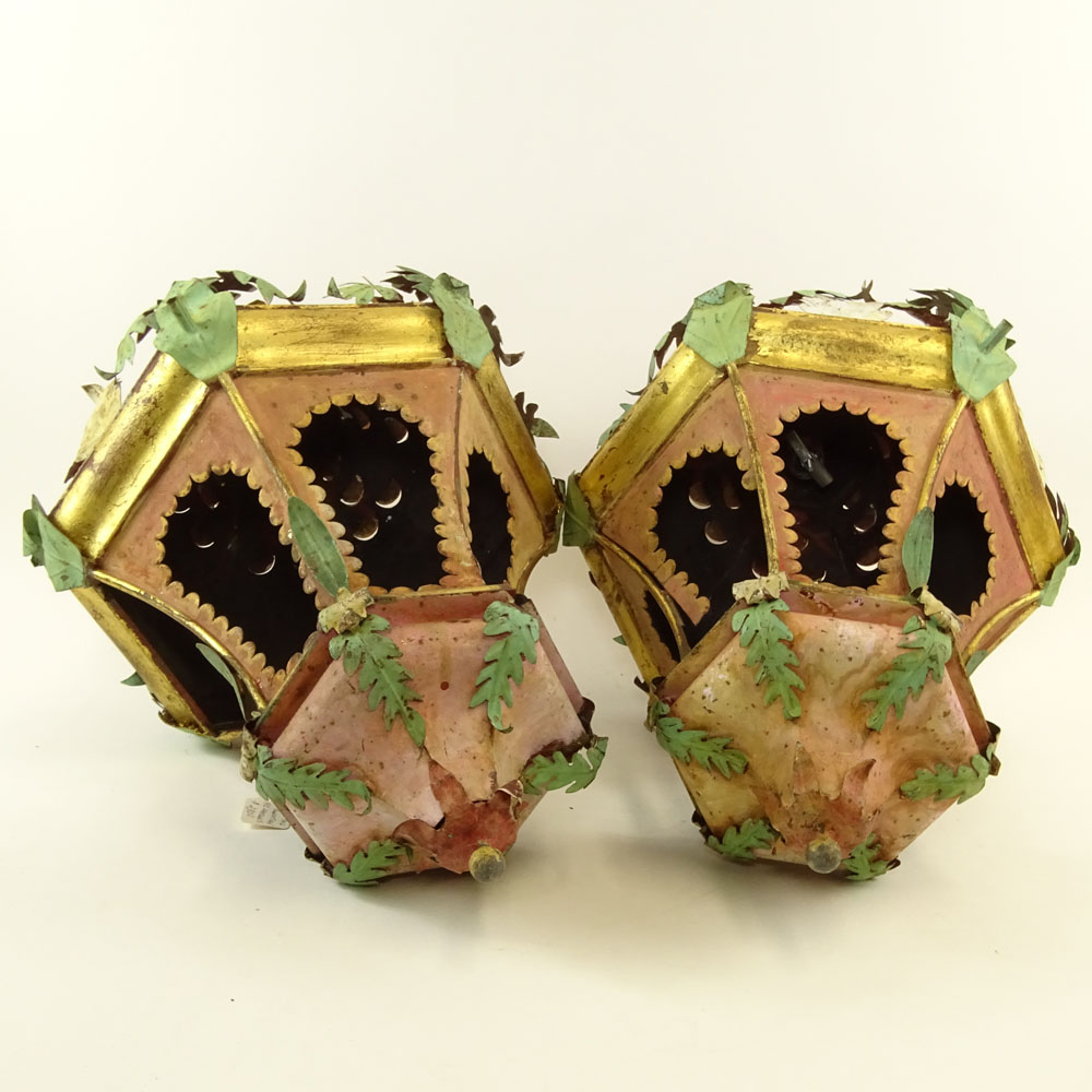 Pair of Early 20th Century Venetian style Painted and Parcel Gilt Tole Hanging Lanterns.