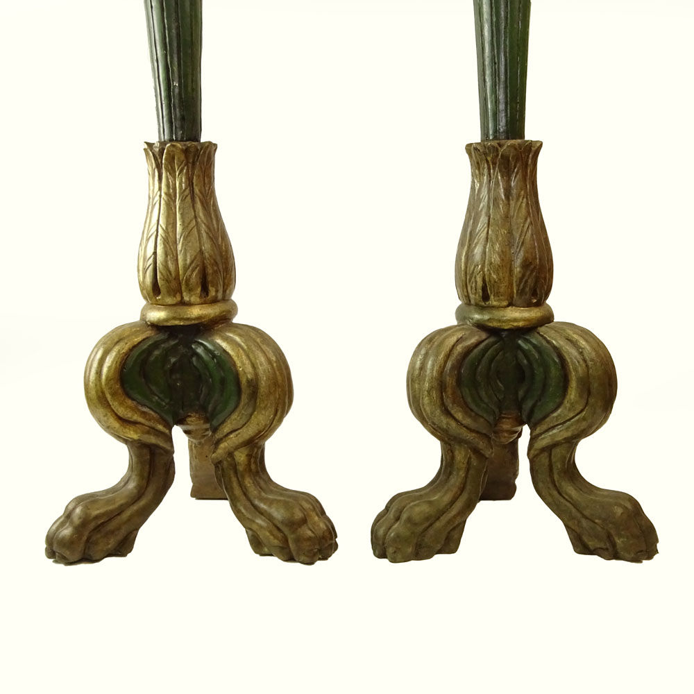 Pair of mid 20th century Italian carved painted and silver gilt candle torchieres.