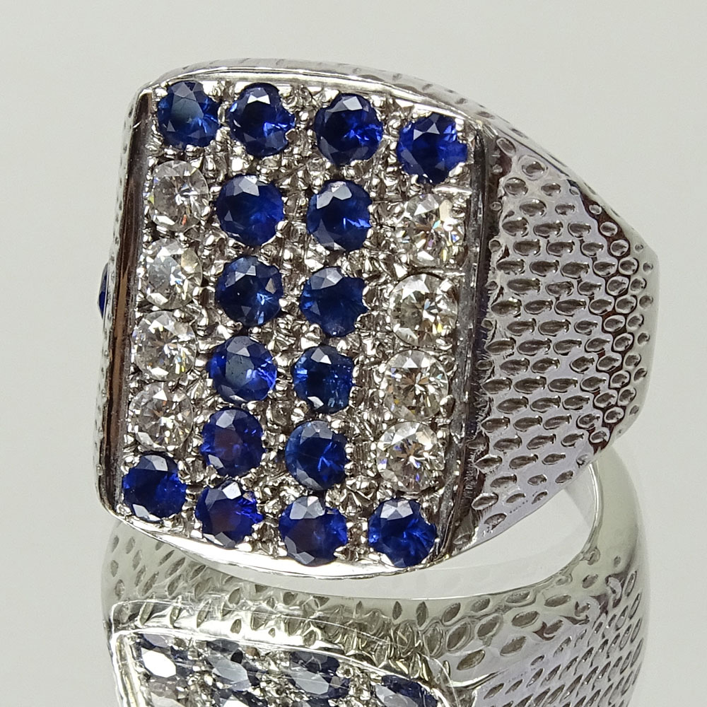 Men's David Yurman style Approx. 2.0 Carat Round Cut Sapphire, 1.0 Carat Round Cut Diamond and 18 Karat White Gold Ring.