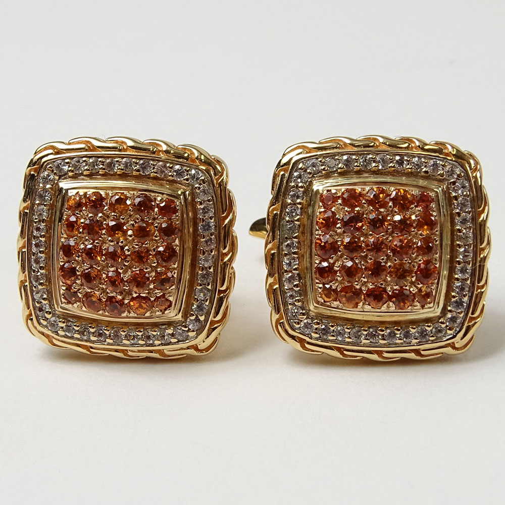 John Hardy Design Men's 18 Karat Rose Gold, Round Cut Diamond and Gem Quality Orange Sapphire Cufflinks. Diamonds E-F color, VS1 clarity.