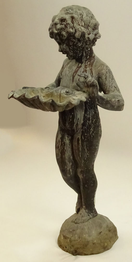 Early 20th Century Iron Figural Standing Putto holding Shell Fountain.