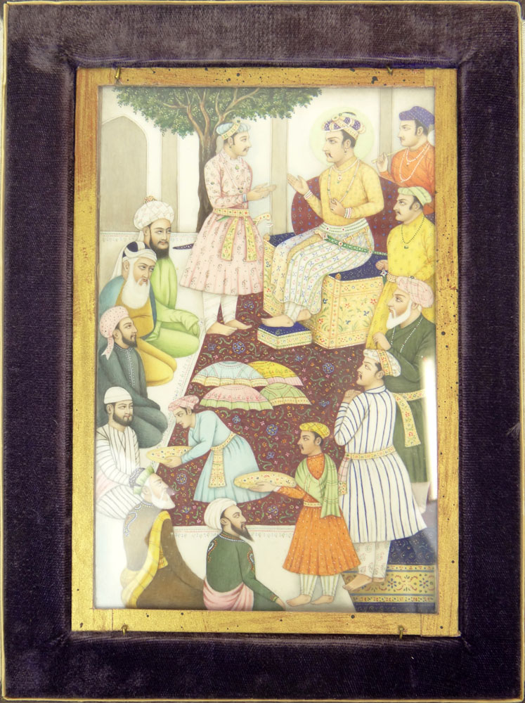 19th Century Indian Miniature Painting on Ivory Panel. Finely Painted Depicting a Seated Maharaja Attended by Courtiers,