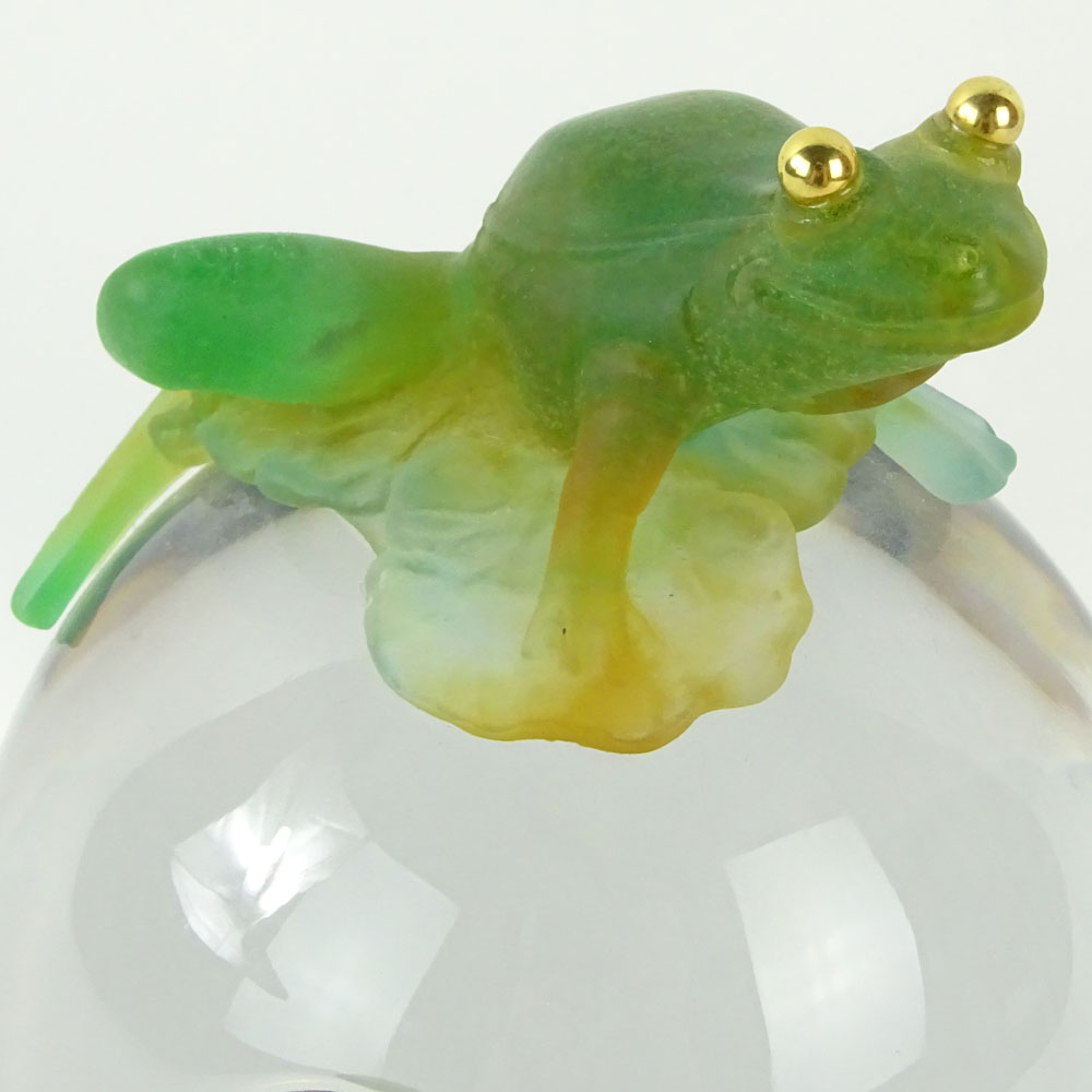 Daum France Glass Orb with Clock and Pate de Verre Frog