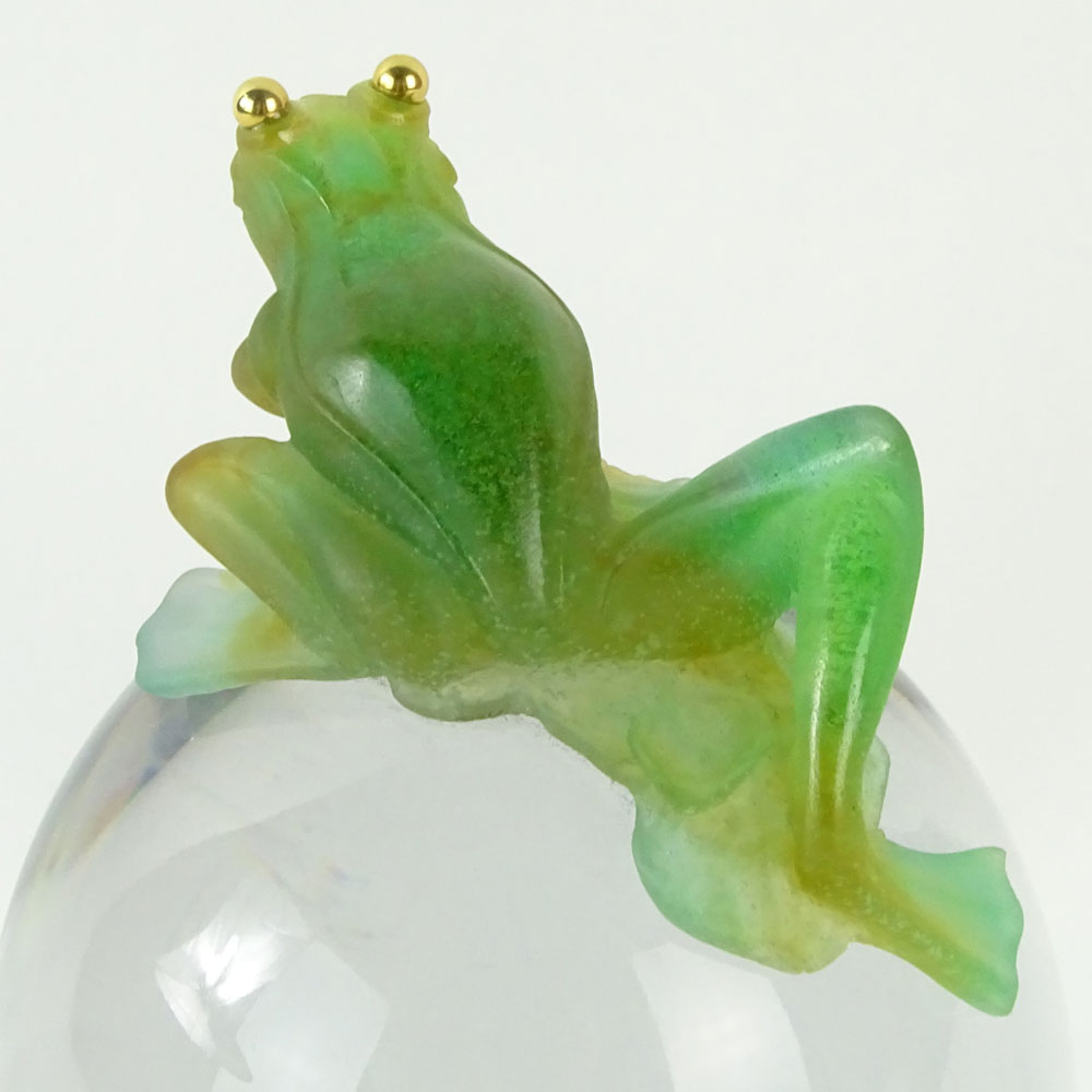 Daum France Glass Orb with Clock and Pate de Verre Frog