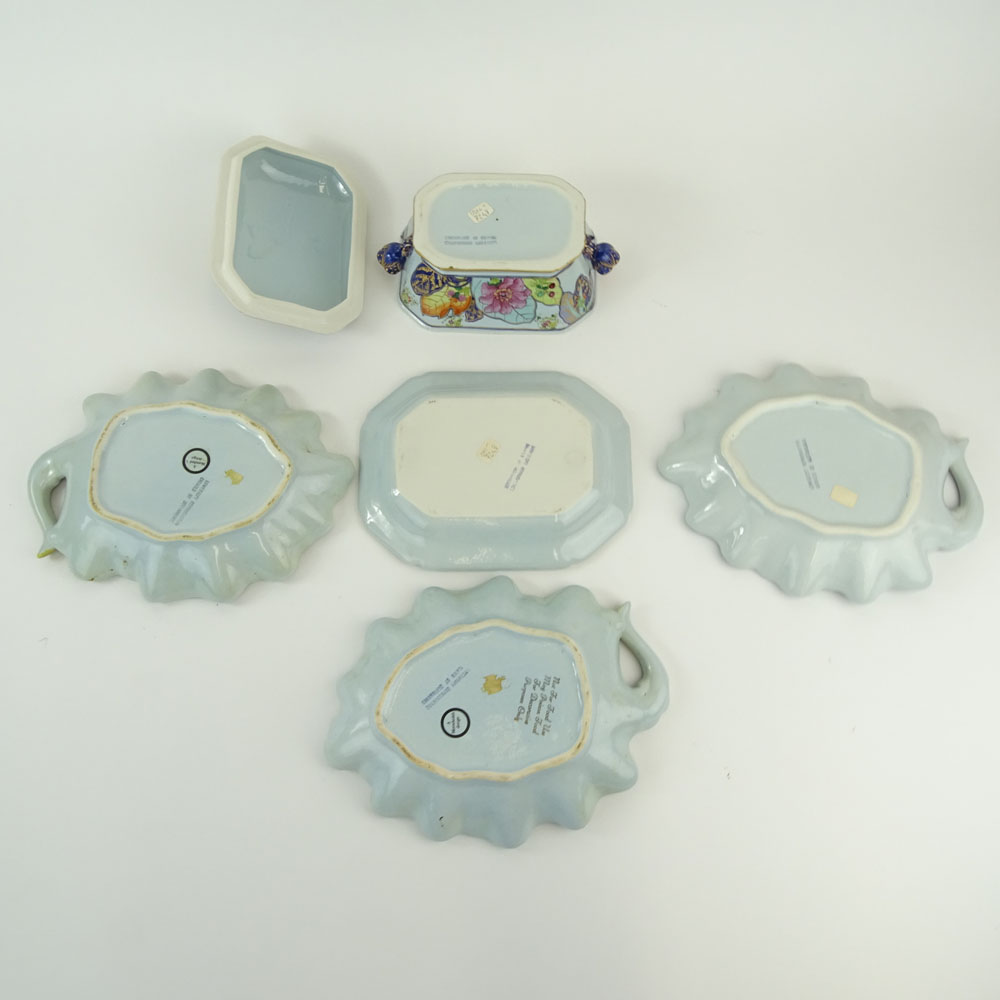 Collection of 5 Pieces Vintage Mottahedeh Porcelain Tobacco Leaf Dishes and small covered tureen with underplate.