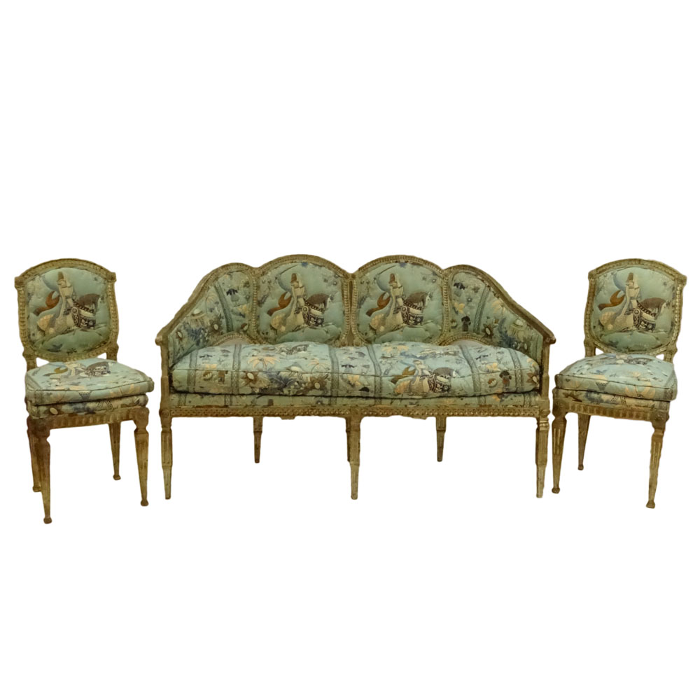 19th Century Italian Carved and Silver Gilt Three (3) Piece Salon Set including bench/sofa and 2 side chairs.