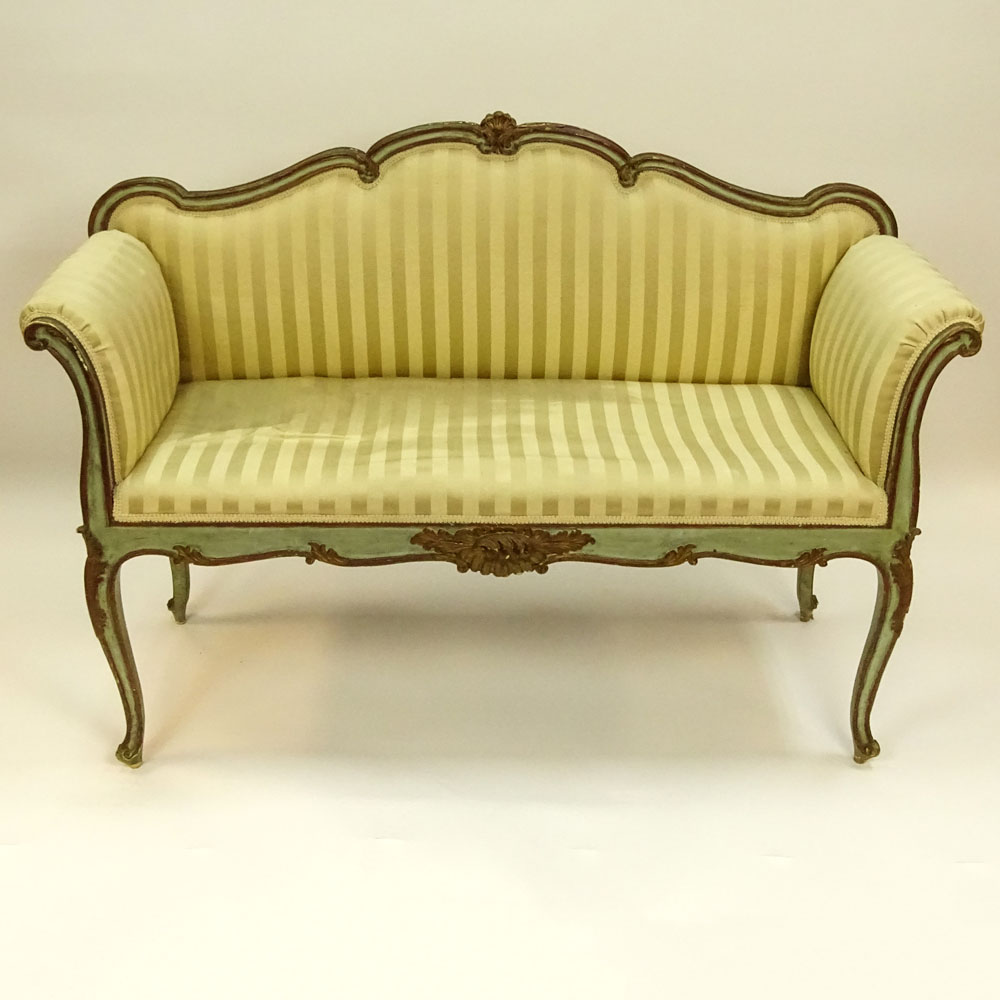 19/20th Century Venetian Style Carved, Painted and Parcel Gilt Wood Bench. 