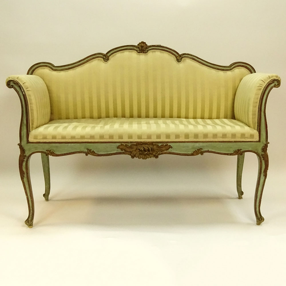 19/20th Century Venetian Style Carved, Painted and Parcel Gilt Wood Bench. 