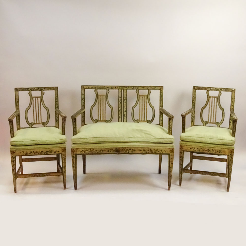 Three Piece 18/19th Century Probably Italian, Painted Lyre Back, Small Bench and 2 Arm Chairs. 