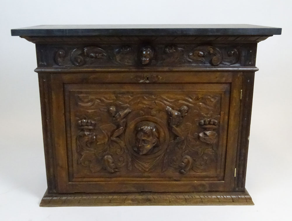 19/20th Century Continental Renaissance style Carved Walnut Cabinet with Later Slate Top.