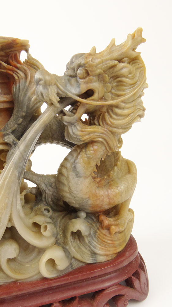 Chinese Carved Soapstone Sculpture Group and Base "Dragon with Eagle". 
