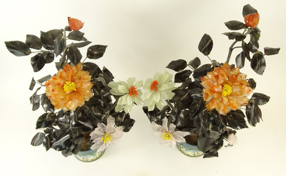 Pair Mid 20th Century Semi-Precious Stone Ming Trees In Cloisonne Planters.