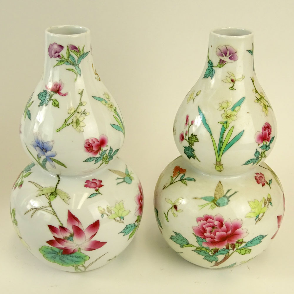 Pair 20th Century Chinese Porcelain Double Gourd Famille Rose Vases.
