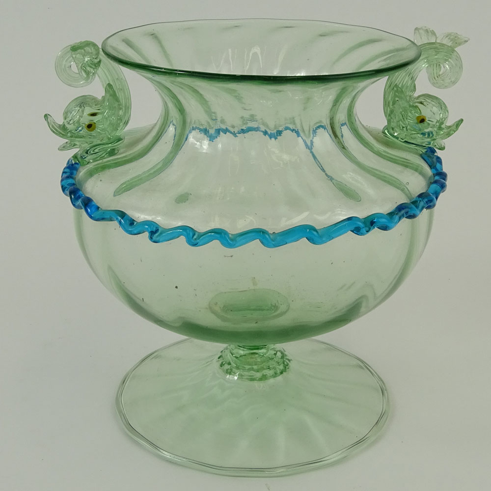 Early 20th Century Venetian Blown Glass Vase with Dolphin Handles.