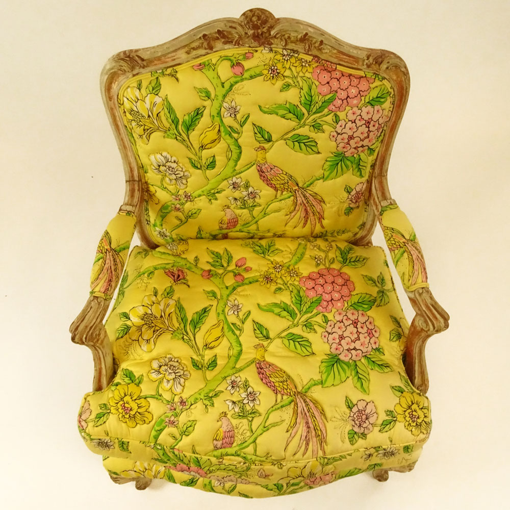 Mid 20th Century Italian Louis XV style carved and distress painted Fauteuil.