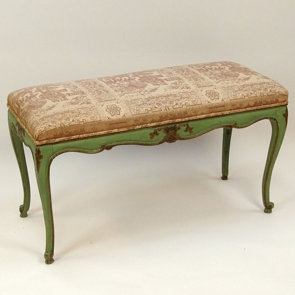 Early to mid 20th Century carved painted bench with upholstered top.