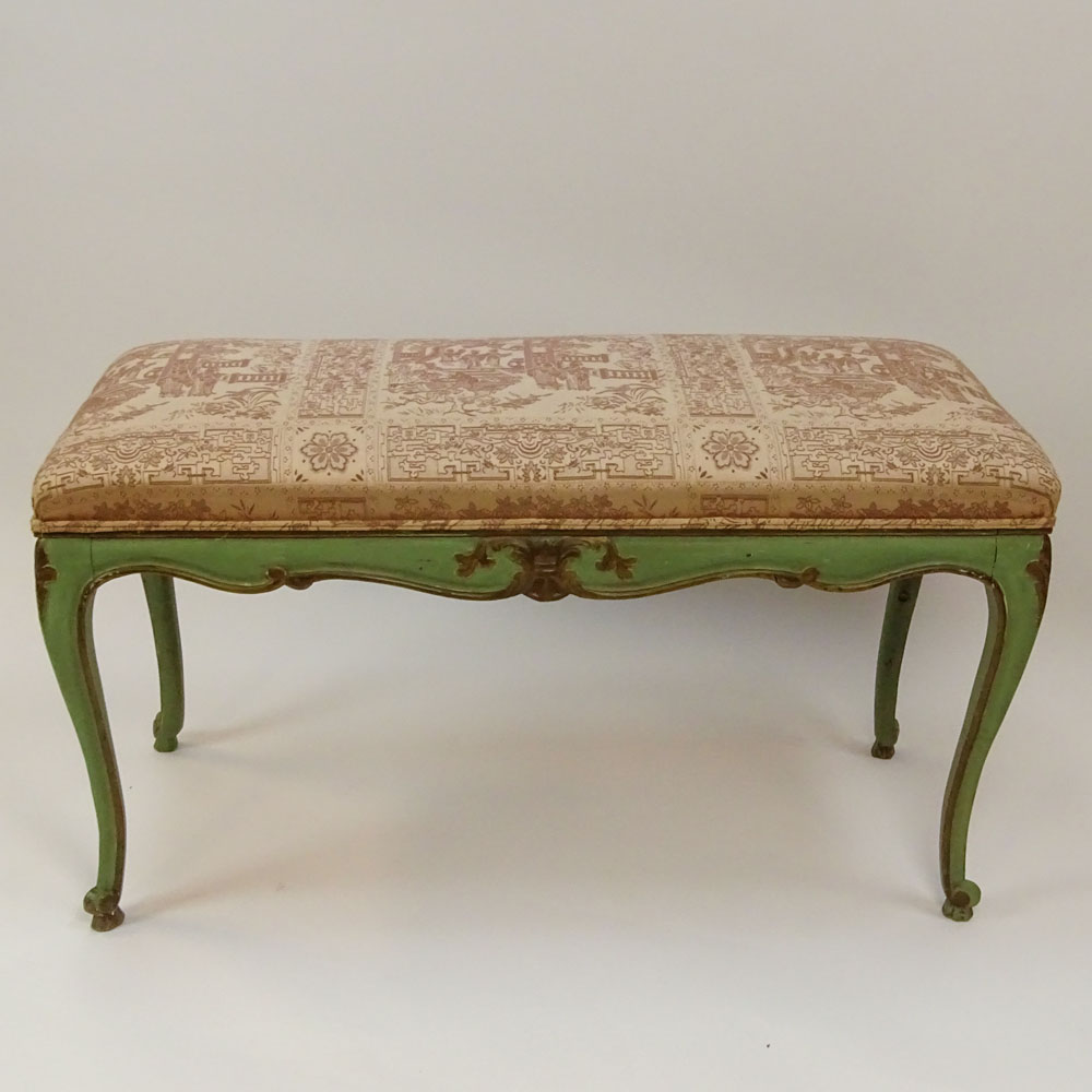 Early to mid 20th Century carved painted bench with upholstered top.