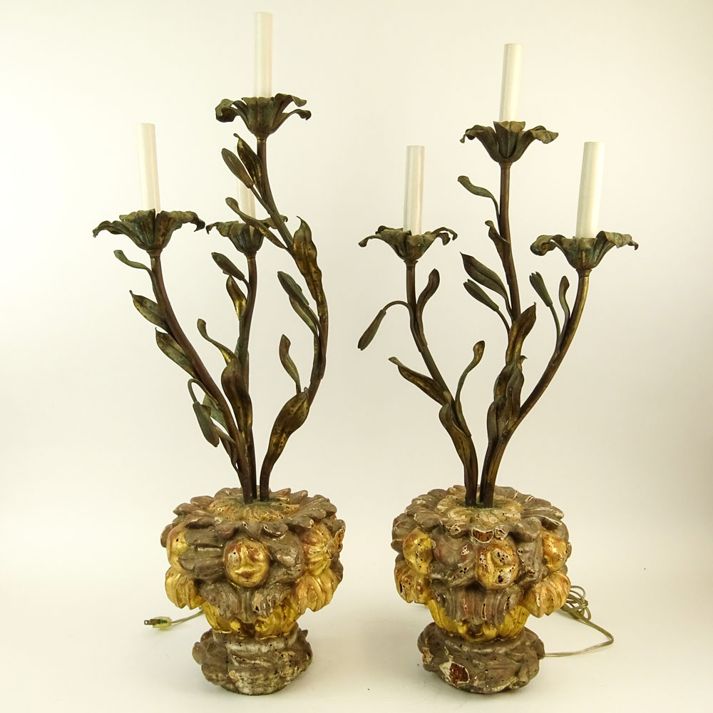 Pair of Early 20th Century Carved Gilt Wood and Painted Tole Three Light Flower Form Candelabra.