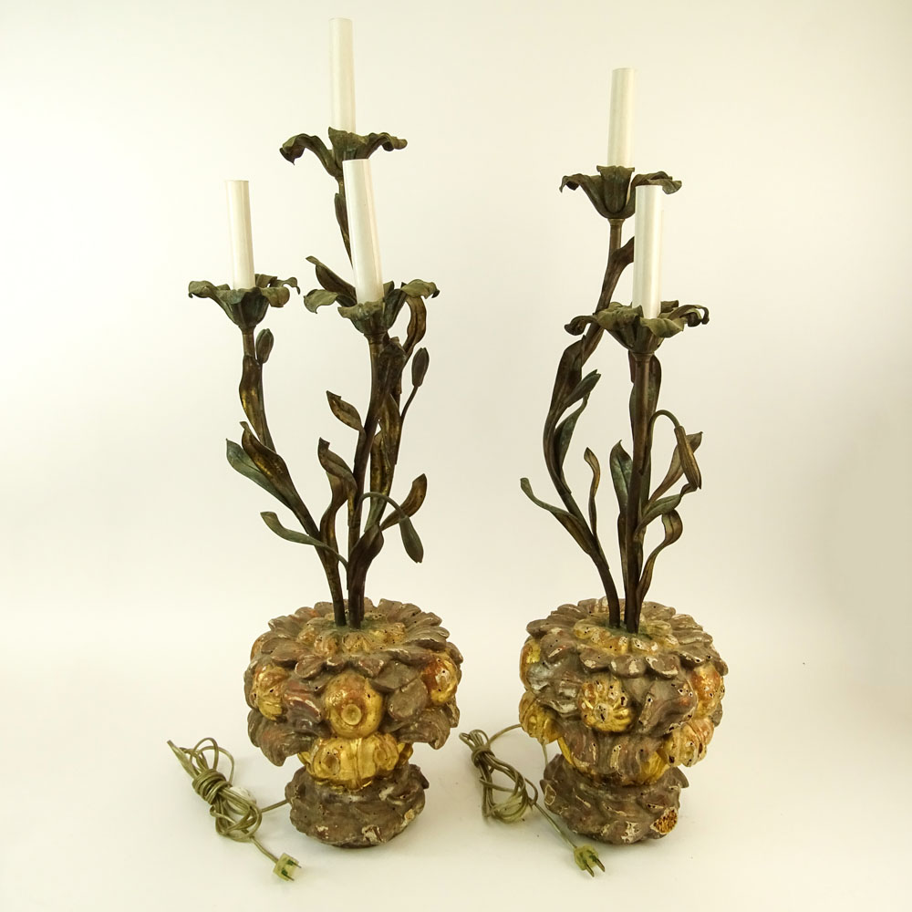 Pair of Early 20th Century Carved Gilt Wood and Painted Tole Three Light Flower Form Candelabra.