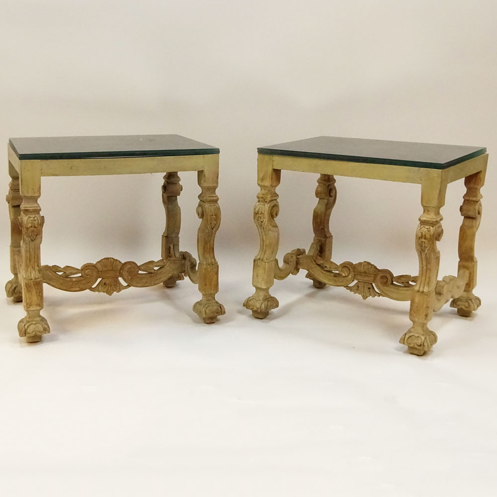 Pair of Mid 20th Century, probably Italian, carved and limed wood glass top side tables. 