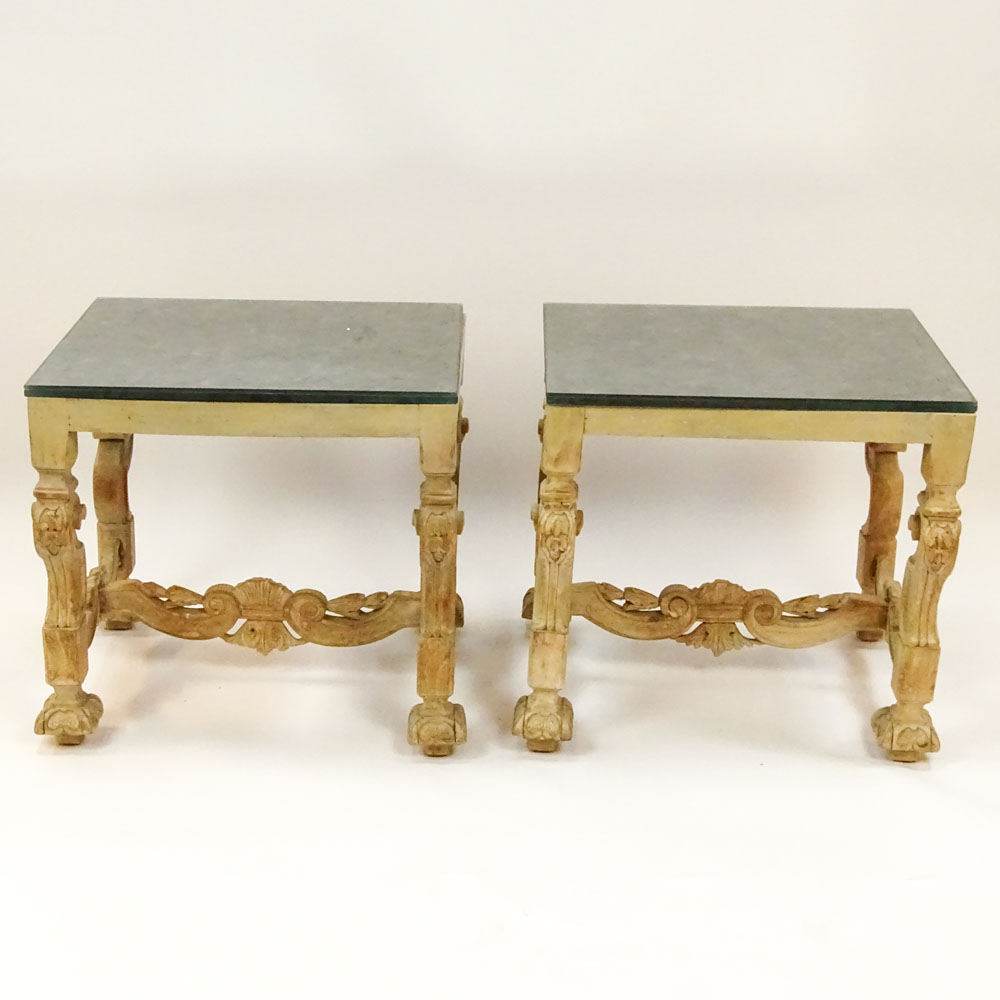 Pair of Mid 20th Century, probably Italian, carved and limed wood glass top side tables. 