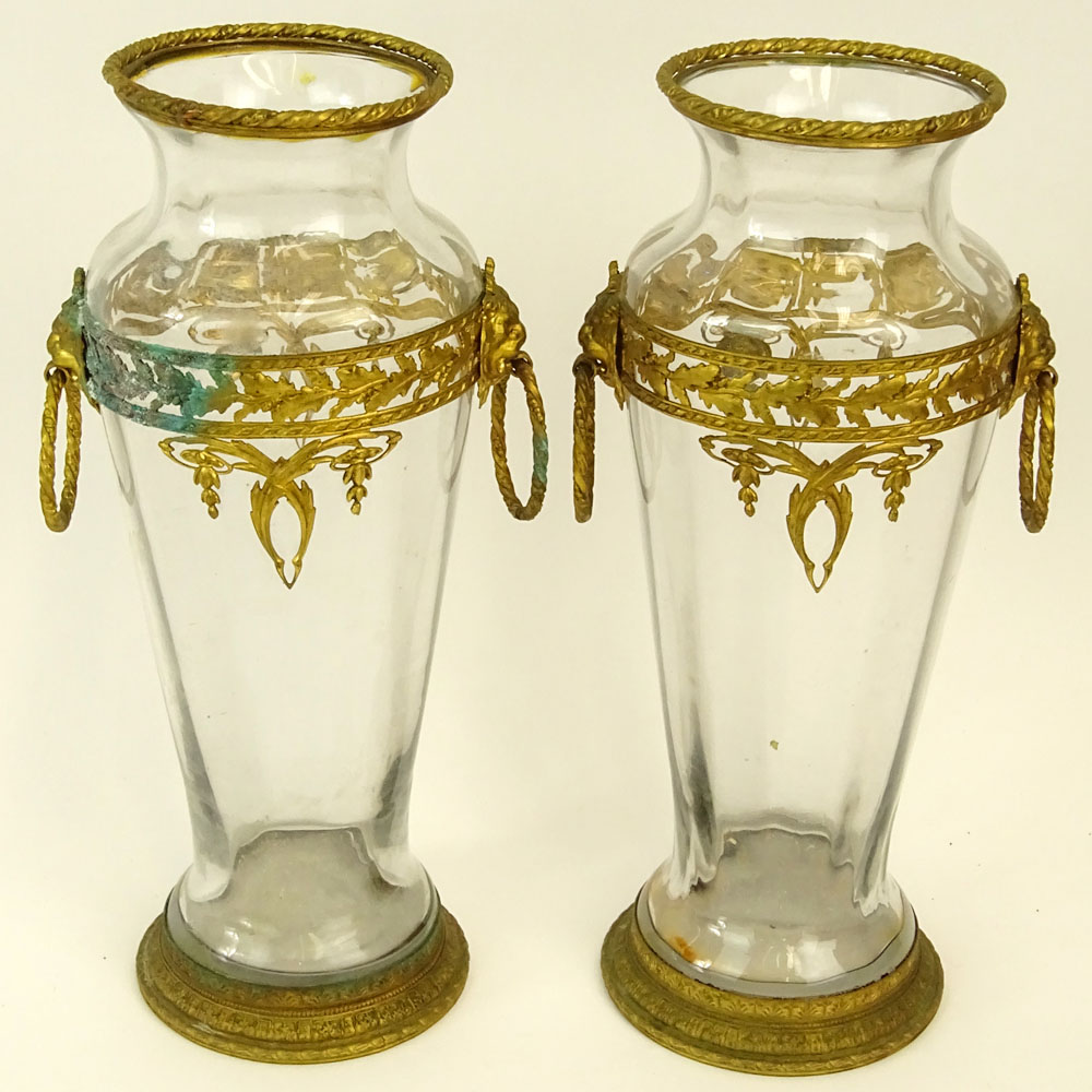 Pair of Gilt Metal Mounted Glass Vases With Mask Ring Handles.