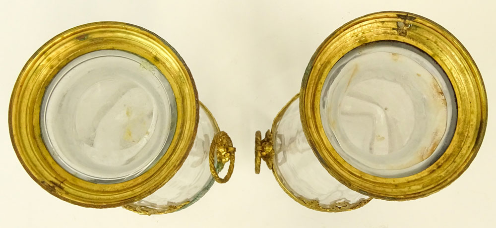 Pair of Gilt Metal Mounted Glass Vases With Mask Ring Handles.